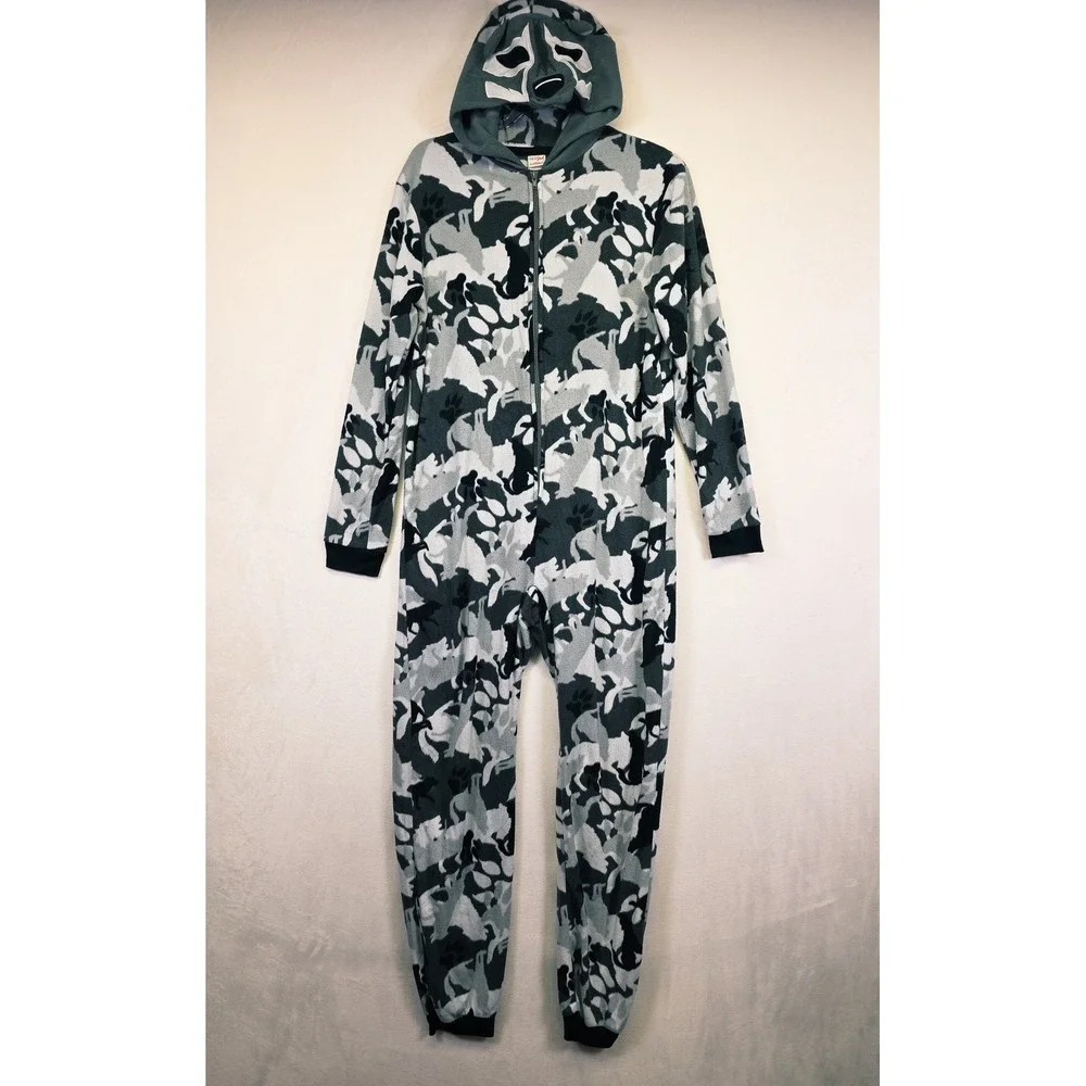 Cat & Jack One Piece Pajamas Kids XL‎ 16 Gray Wolf Hood Zip Cozy Sleepover Cabin